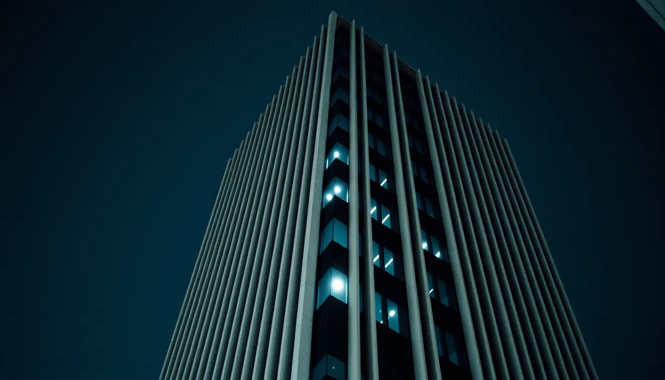An institutional tower lit from within at night